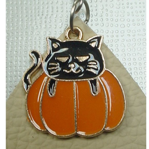 LEATHER HALLOWEEN EARRINGS BLACK CAT & PUMPKIN ENAMEL CHARMS - Picture 2 of 2